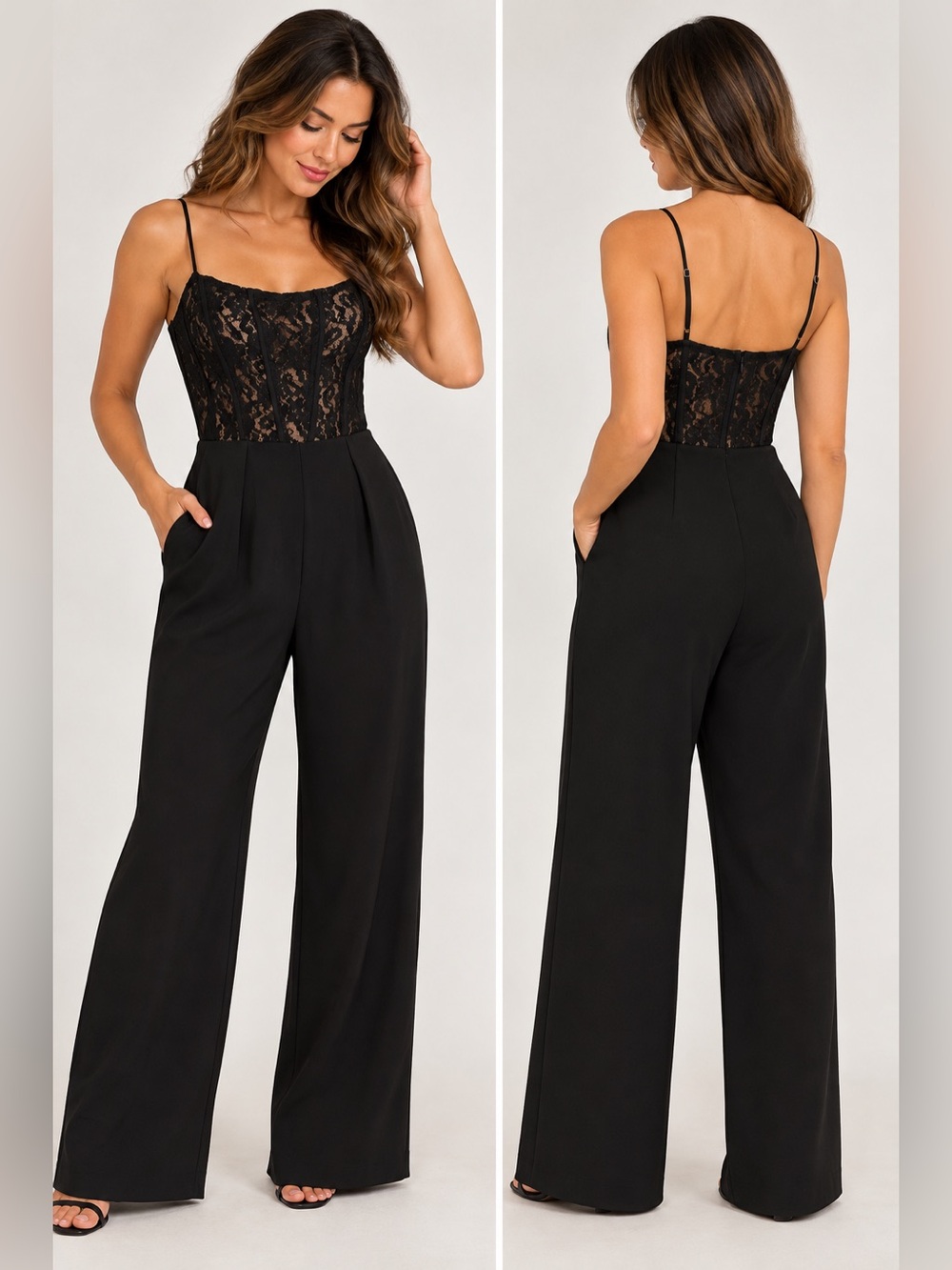 Lulus Black Lace Corset Bodice Wide Leg Jumpsuit Size L NWT